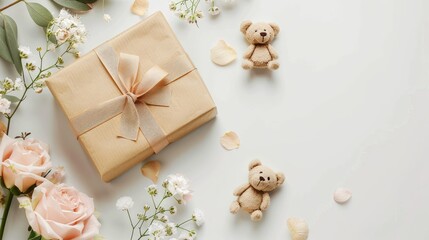 Gift box day with flowers and bear on white background
