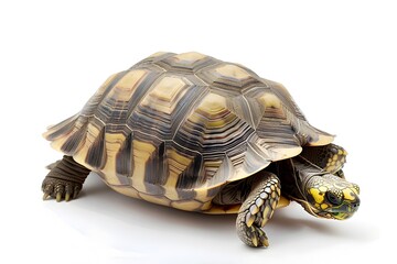Obraz premium Majestic Russian Tortoise on Pristine White Backdrop Showcasing Its Resilient Shell and Captivating Patterns