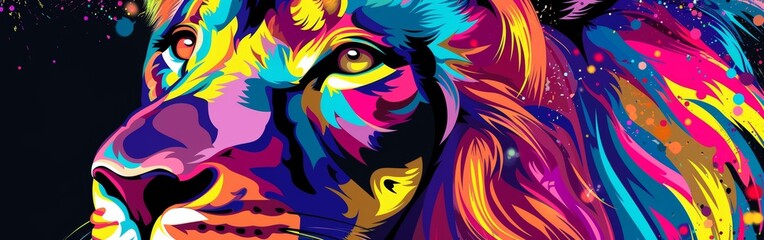 Majestic lion portrait, wild mane, vibrant psychedelic colors, surreal background, detailed expression