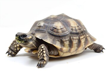 Fototapeta premium Detailed Close Up Shot of Resilient Russian Tortoise on Plain White Background