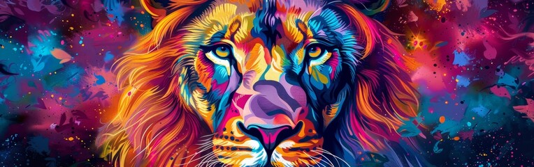 Fototapeta premium Majestic lion portrait, wild mane, vibrant psychedelic colors, surreal background, detailed expression