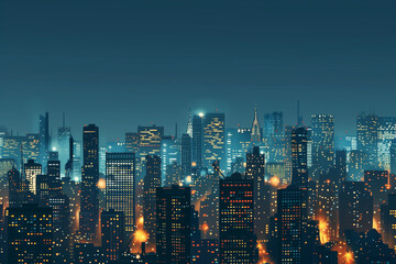 Fototapeta premium City Skyline at Night: Aerial View of Illuminated Skyscrapers