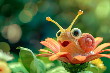 Cute smiling snail with huge eyes sitting on a gerbera flower.