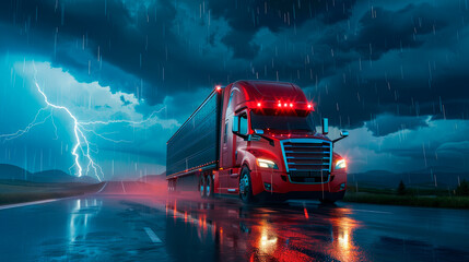 Red semi truck driving on a country highway with dramatic stormy sky and lightning in the background.