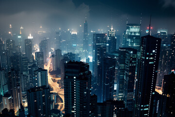 Obraz premium City Skyline at Night: Aerial View of Illuminated Skyscrapers