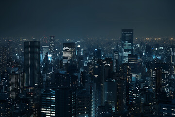 Obraz premium City Skyline at Night: Aerial View of Illuminated Skyscrapers