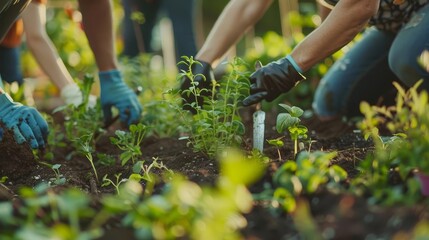 Community urban garden with diverse people planting and tending to their plots, colorful and dynamic