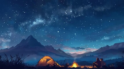 Couple camping under a starry sky, with a cozy tent, campfire, and scenic mountain backdrop, serene and picturesque