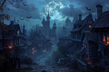 village with ghostly houses and a cobblestone street leading up to a sinister castle, framed by a full moon and bats swirling above. Holiday event Halloween banner background concept.
