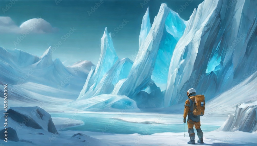 Poster an astronaut surveys a vast alien landscape with towering ice formations under a pale sky.. ai gener