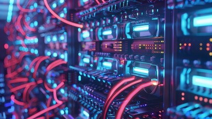 Cryptocurrency mining farm with rows of powerful computers, intricate details and vibrant lighting, ultrarealistic