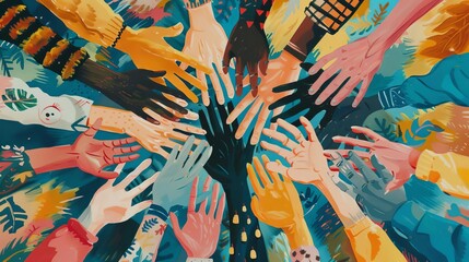 Diverse group of people holding hands in a supportive circle, promoting mental health awareness and community, vibrant and detailed