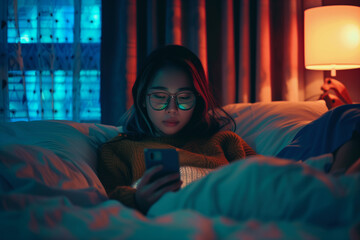 Naklejka premium A woman is lying in bed and looking at her phone