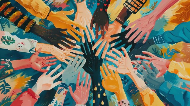 Diverse group of people holding hands in a supportive circle, promoting mental health awareness and community, vibrant and detailed