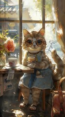  In a charming café, a young kitten in a cheongsam short skirt and an old cat in Chinese light blue attire with glasses enjoy their coffee. A bouquet of flowers and a carry-on bag complete the scene a