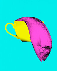 Contemporary art collage. Surreal artwork in vibrant trendy colors. Yellow cup with pink fish emerging from it. Concept of surrealistic representation of simple things.