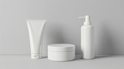 Blank White Plastic Tube, Cream Jar, and Pump Bottle on Grey Background