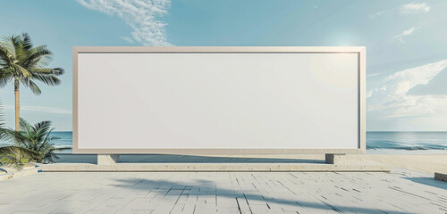 High-definition 3D render of a minimalist beachside billboard, blank with a light border for summer ads.