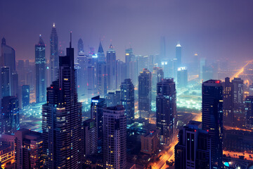 City Skyline at Night: Aerial View of Illuminated Skyscrapers