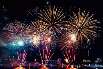 A fire show and fireworks against the night sky in celebration of Singapore Independence Day, conveying an atmosphere of celebration and joy. 