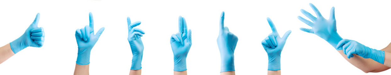 Doctor's hand in sterile medical gloves showing gesture or something on white