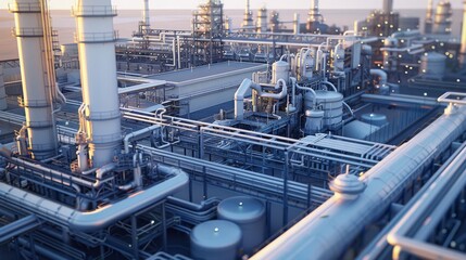 An expansive oil refinery features intricate networks of pipes and towering structures. The sunset casts a warm glow over the active machinery and infrastructure.