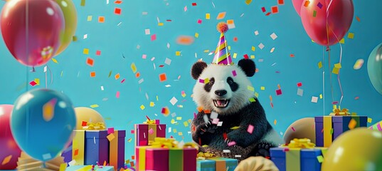 A playful panda wearing a party hat, sitting among a pile of colorful presents and balloons, with...