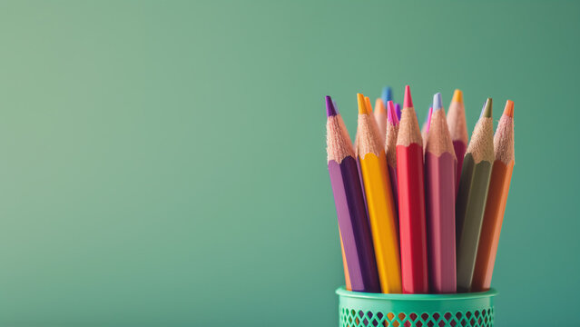 Bunte Buntstifte in einem Stifthalter vor einfarbigen gr&uuml;nem Hintergrund, Konzept f&uuml;r Schulanfang und Schulbedarf