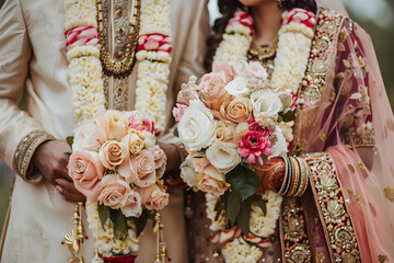 Naklejka premium Indian groom and bride in ceremony on Hindu wedding.