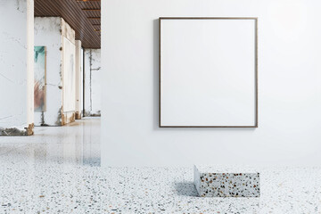 Modern 3D rendered mockup of a blank frame on a white wall in a room with a quartz floor. Realistic high definition.
