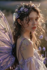 Beautiful nymph with butterfly wings and a wreath of flowers in a magical woodland.