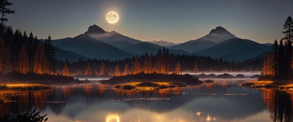 Mountain landscape. Forest panorama. Mirror Lake. Reflection of mountains in water.Moon in the evening sky.Pink water lilies. Fabulously beautiful landscape.Foggy haze.Bright big moon.Mountain lake.