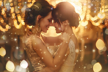 Portrait of happy lesbian couple on their wedding day against color background.