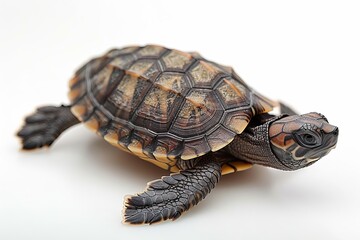tiny turtle making its way to the ocean, cute summer journey, isolated white background, copy space
