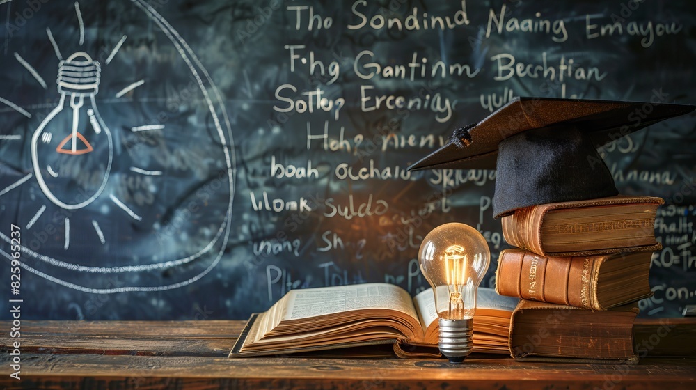 Poster a stack of books with a graduation cap and a glowing lightbulb on a wooden desk in front of a chalkb