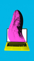 Contemporary art collage. Surreal artwork in vibrant trendy colors. Laptop with large, pink tongue...