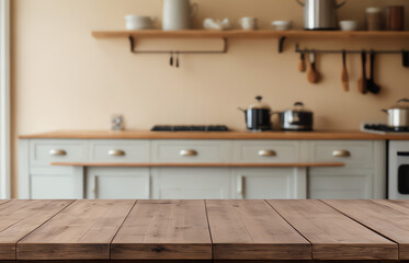 Empty kitchen with wooden table top with cozy modern kitchen in background