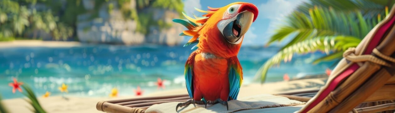 Vibrant parrot enjoying a tropical beach setting with crystal clear water and lush greenery, perfect for vacation and paradise themes.