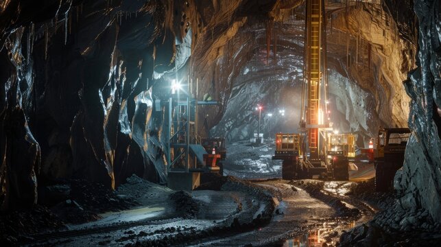 Workers operate heavy machinery in an underground mining tunnel at night. Artificial lights illuminate the rocky surroundings while equipment drills into the walls.