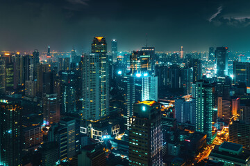 Obraz premium City Skyline at Night: Aerial View of Illuminated Skyscrapers