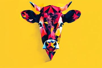 An abstract rendition of a cow's face, using minimalistic shapes and a striking color palette, on a bright yellow background.