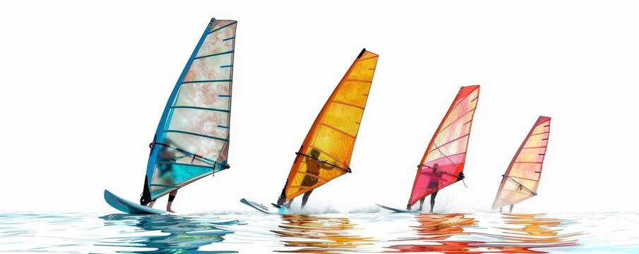 windsurfers gliding across the water with vibrant sails, challenging summer sport, isolated white background, copy space