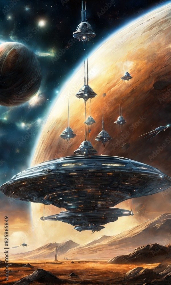 Poster an impressive fleet of futuristic spaceships descends over a vast desert landscape with a gas giant 