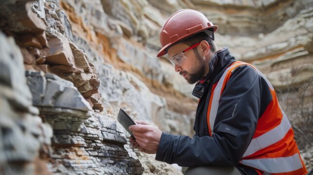 A geologist wearing safety gear closely examines a rock formation in a canyon, taking notes on a tablet during daylight.