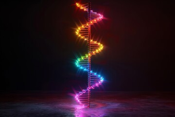 Obraz premium Neon lit DNA spiral ascending in vibrant colors, representing the dynamic and diverse nature of genetic coding