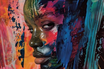 A woman's face is covered in paint, with a blue stripe on her forehead