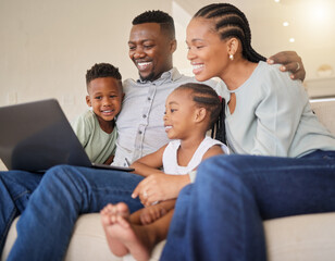 Black family, kids on sofa for video and laptop, streaming on internet for happiness and together...