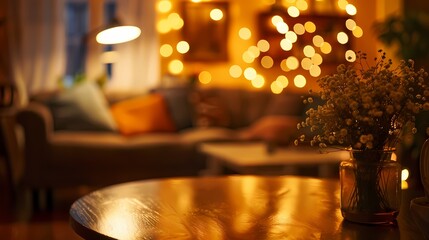 A cozy scene of a cozy home interior, with a defocused backdrop of softly glowing particles