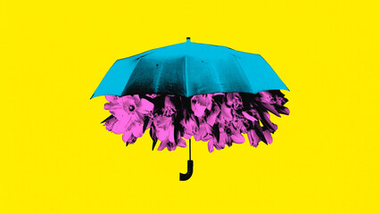 Contemporary art collage. Surreal artwork in vibrant trendy colors. Umbrella with its underside brimming with bright pink flowers. Concept of surrealistic representation of simple things, beauty