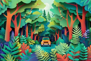 National Park Journey: Vector paper cut illustration of a car entering a national park, surrounded by towering trees and vibrant foliage, ideal for summer outdoor activities